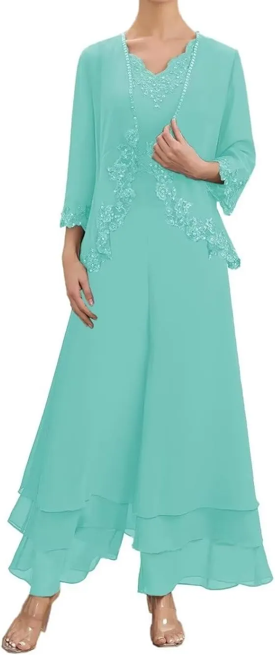 2 Pieces Mother of The Bride Pant Suits Long Sleeve Chiffon Lace Appliques Outfit Set Wedding Guest Dress with Jacket