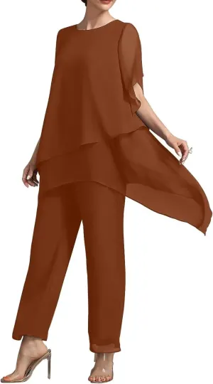 2 Pieces Mother of The Bride Pant Suits with Short Sleeve Chiffon Women Pantsuit Formal Wedding Guest Evening Outfit