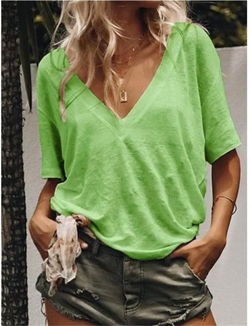 2019 New  Solid color Women T-shirts V-neck Casual Loose Tee Tops Summer Short Sleeve Female T shirt Women Plus size S-5XL