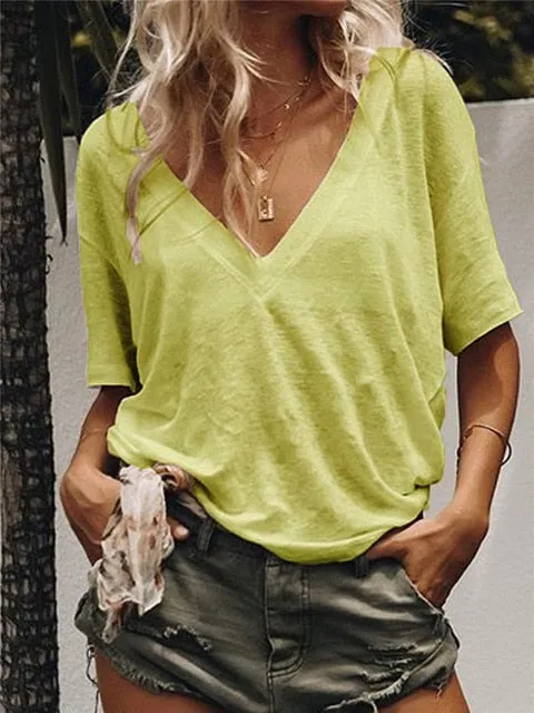 2019 New  Solid color Women T-shirts V-neck Casual Loose Tee Tops Summer Short Sleeve Female T shirt Women Plus size S-5XL