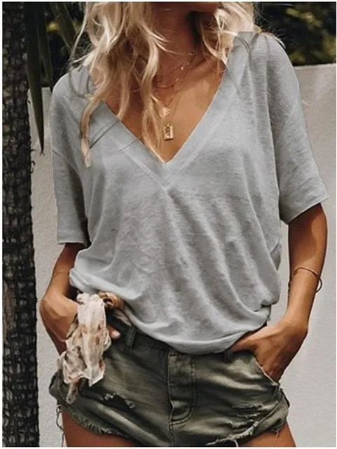 2019 New  Solid color Women T-shirts V-neck Casual Loose Tee Tops Summer Short Sleeve Female T shirt Women Plus size S-5XL