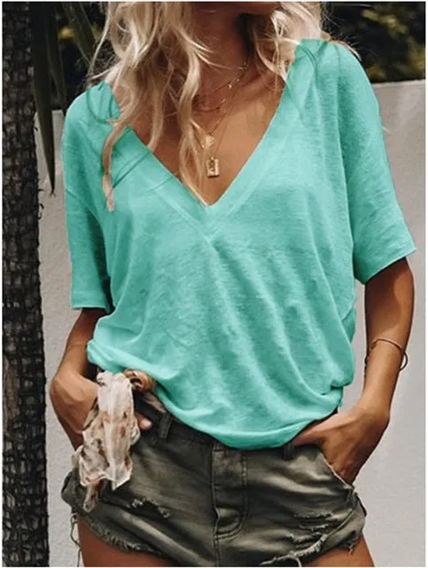 2019 New  Solid color Women T-shirts V-neck Casual Loose Tee Tops Summer Short Sleeve Female T shirt Women Plus size S-5XL