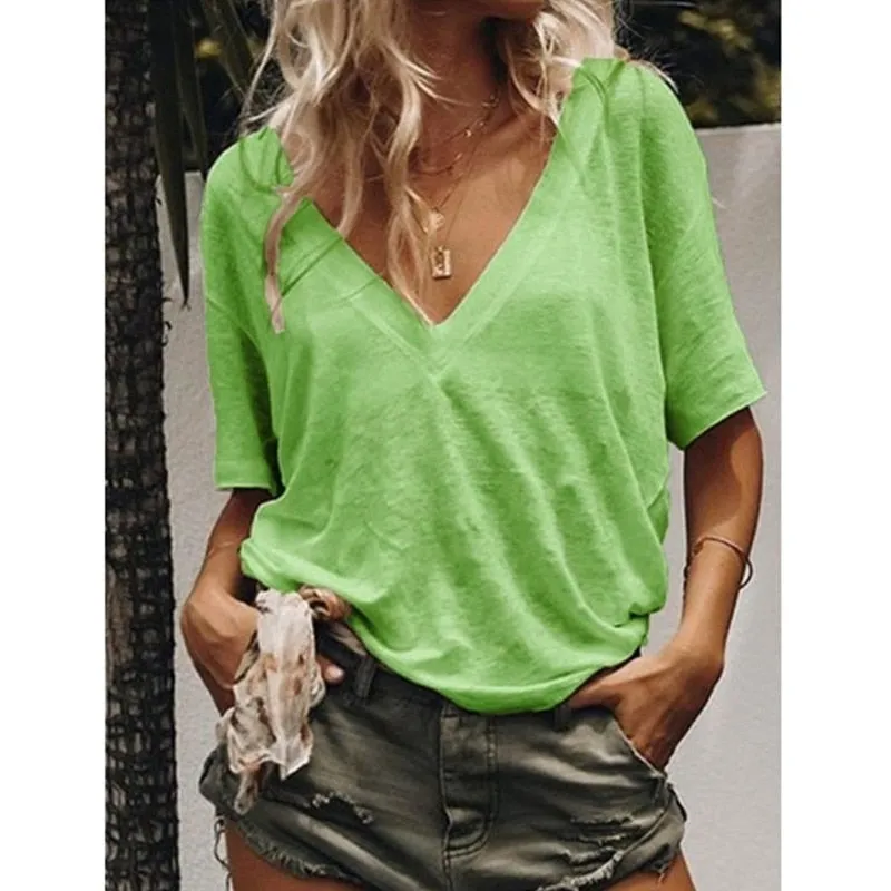 2019 New  Solid color Women T-shirts V-neck Casual Loose Tee Tops Summer Short Sleeve Female T shirt Women Plus size S-5XL