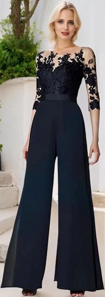 3 Piece Mother of The Bride Pant Suits for Wedding Chiffon Lace Applique 3/4 Sleeve Formal Pantsuits for Women Dressy