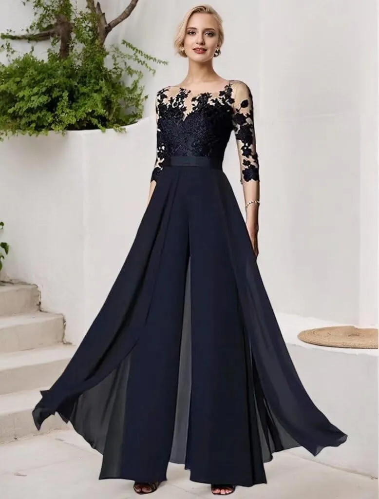 3 Piece Mother of The Bride Pant Suits for Wedding Chiffon Lace Applique 3/4 Sleeve Formal Pantsuits for Women Dressy