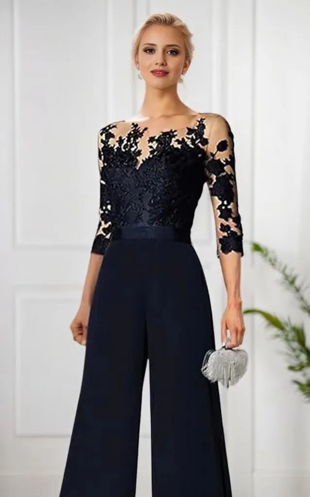 3 Piece Mother of The Bride Pant Suits for Wedding Chiffon Lace Applique 3/4 Sleeve Formal Pantsuits for Women Dressy