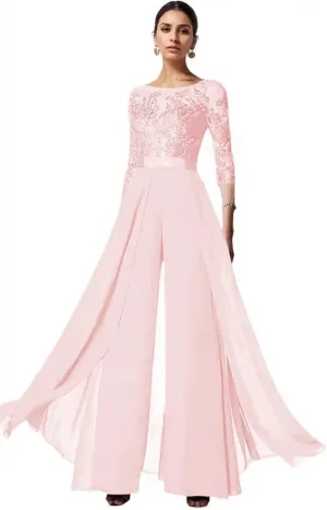 3 Piece Mother of The Bride Pant Suits for Wedding Chiffon Lace Applique 3/4 Sleeve Formal Pantsuits for Women Dressy