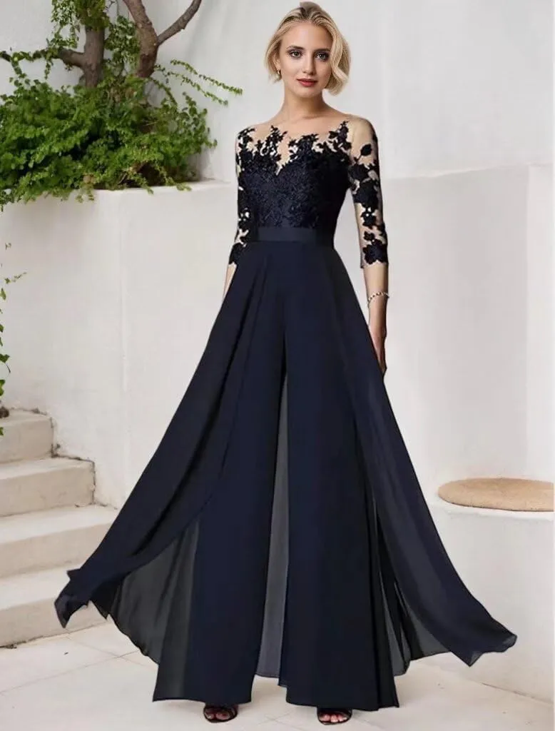 3 Piece Mother of The Bride Pant Suits for Wedding Chiffon Lace Applique 3/4 Sleeve Formal Pantsuits for Women Dressy