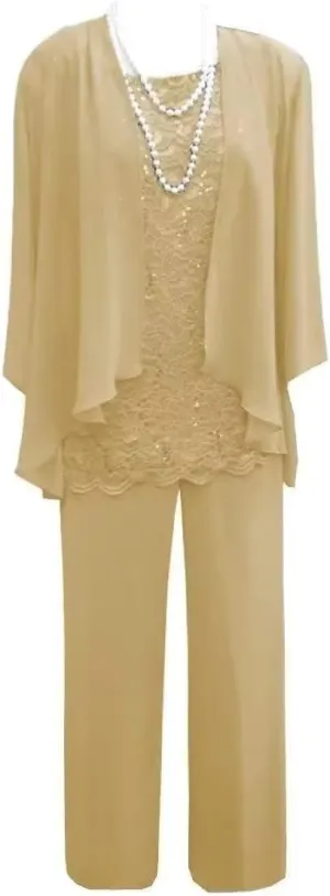 3 Pieces Mother of The Bride Pant Suits Lace Chiffon Formal Wedding Guest Dress with Jacket