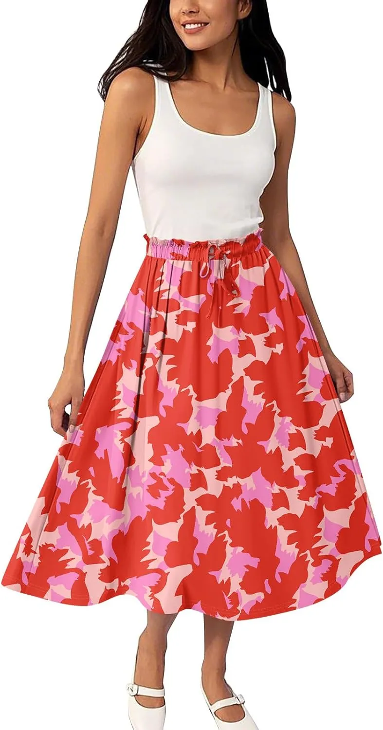 ADHOWBEW Maxi Skirts for Women Beach High Waisted A Line Ruffle Casual Cute Flowy Trendy Midi Length Plus Size Summer Skirts
