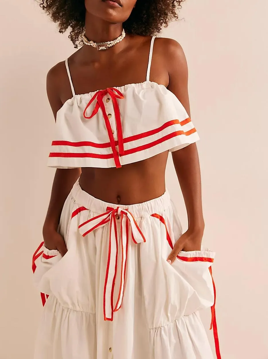 Adoeren Women Maxi Skirt Set Babydoll Cami Crop Top Parachute Long Skirt with Pockets Boho Beachwear Outfits