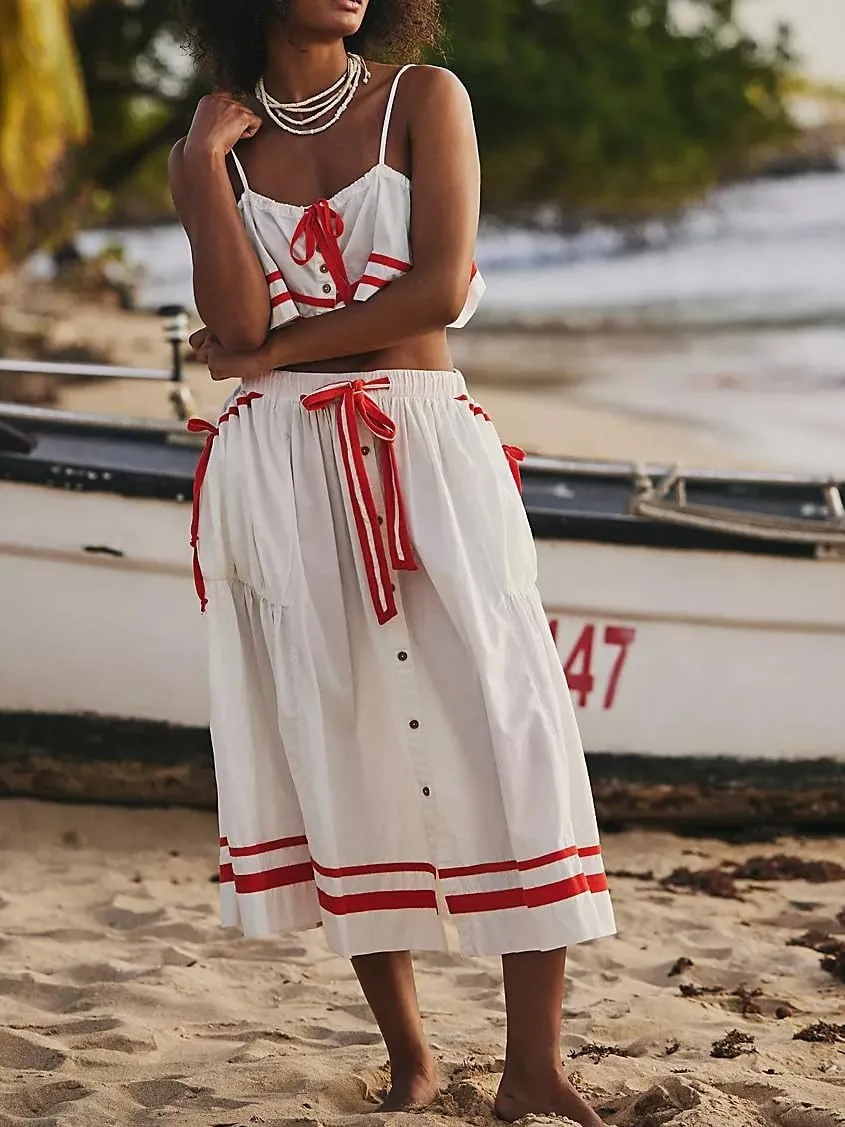 Adoeren Women Maxi Skirt Set Babydoll Cami Crop Top Parachute Long Skirt with Pockets Boho Beachwear Outfits