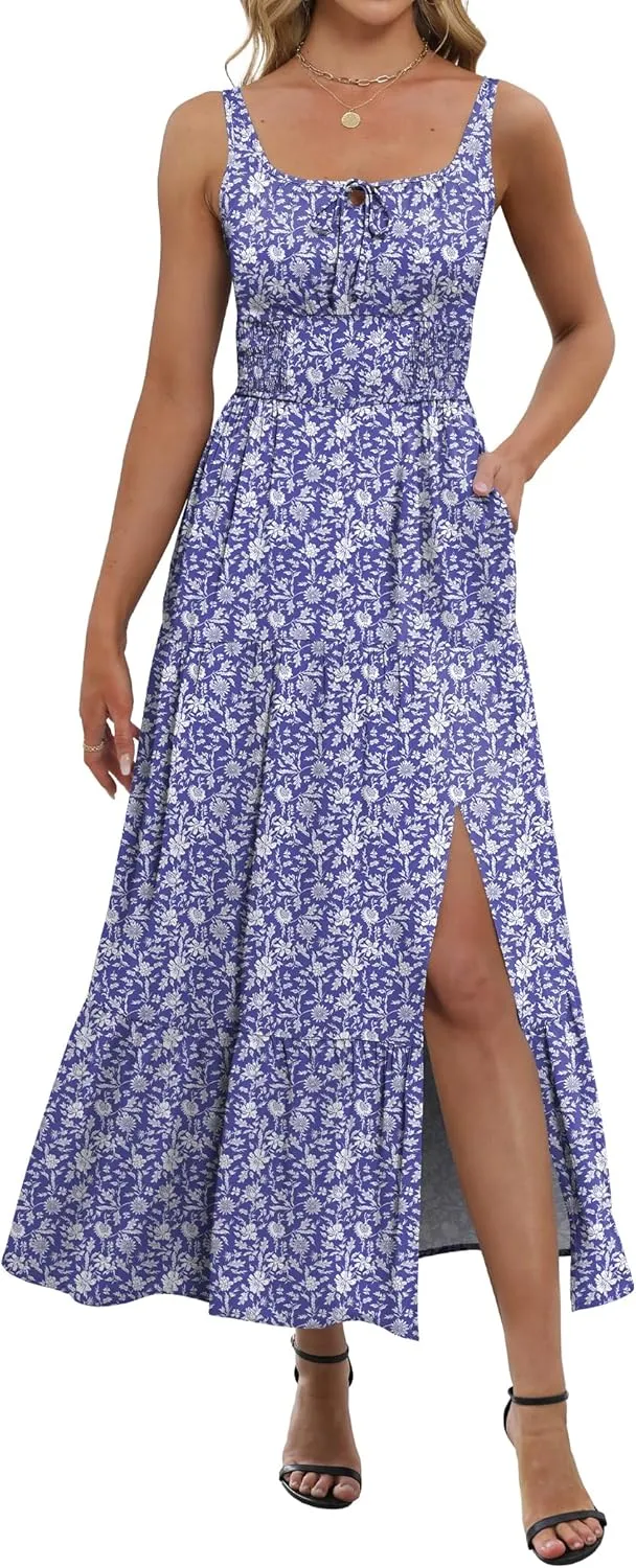 ANRABESS Women Summer Maxi Dress 2025 Square Neck Sleeveless Casual Boho Floral High Waist Slit Travel Vacation Sundress