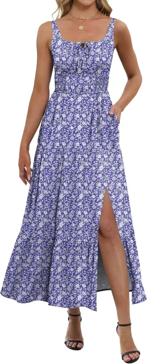ANRABESS Women Summer Maxi Dress 2025 Square Neck Sleeveless Casual Boho Floral High Waist Slit Travel Vacation Sundress