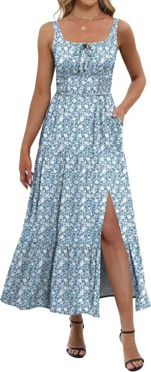 ANRABESS Women Summer Maxi Dress 2025 Square Neck Sleeveless Casual Boho Floral High Waist Slit Travel Vacation Sundress