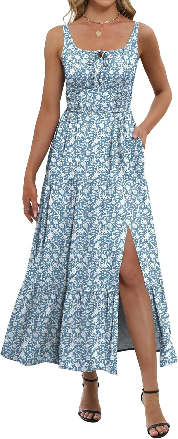 ANRABESS Women Summer Maxi Dress 2025 Square Neck Sleeveless Casual Boho Floral High Waist Slit Travel Vacation Sundress