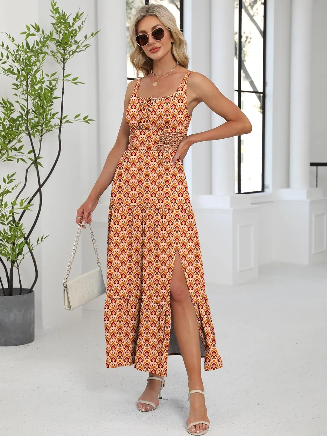 ANRABESS Women Summer Maxi Dress 2025 Square Neck Sleeveless Casual Boho Floral High Waist Slit Travel Vacation Sundress