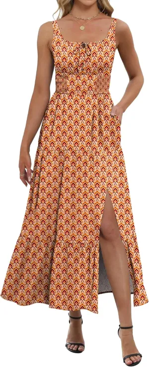 ANRABESS Women Summer Maxi Dress 2025 Square Neck Sleeveless Casual Boho Floral High Waist Slit Travel Vacation Sundress