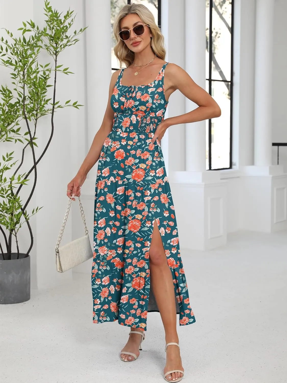 ANRABESS Women Summer Maxi Dress 2025 Square Neck Sleeveless Casual Boho Floral High Waist Slit Travel Vacation Sundress