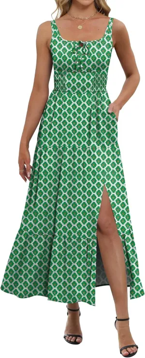 ANRABESS Women Summer Maxi Dress 2025 Square Neck Sleeveless Casual Boho Floral High Waist Slit Travel Vacation Sundress