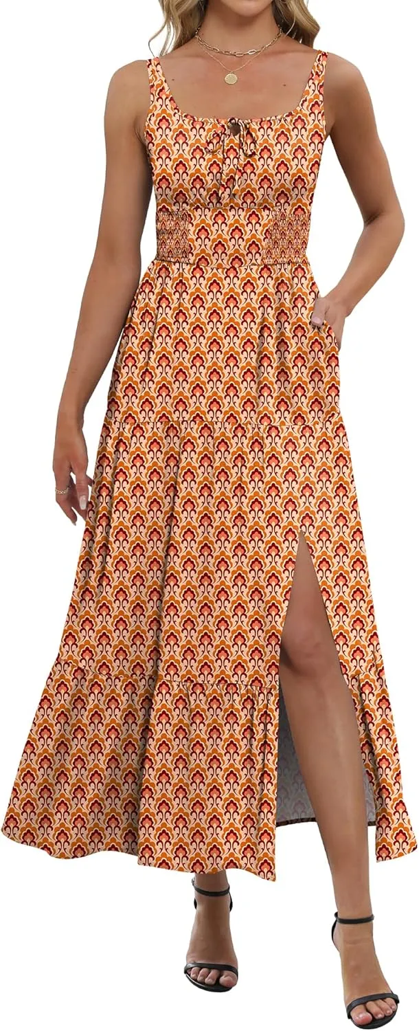 ANRABESS Women Summer Maxi Dress 2025 Square Neck Sleeveless Casual Boho Floral High Waist Slit Travel Vacation Sundress