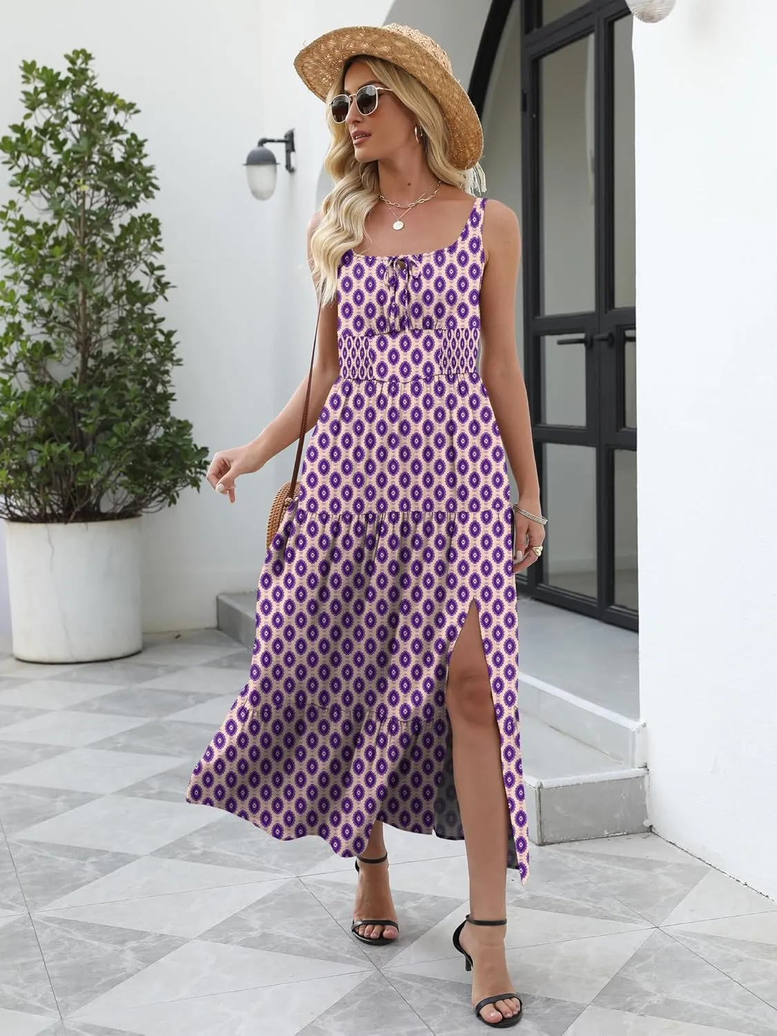 ANRABESS Women Summer Maxi Dress 2025 Square Neck Sleeveless Casual Boho Floral High Waist Slit Travel Vacation Sundress