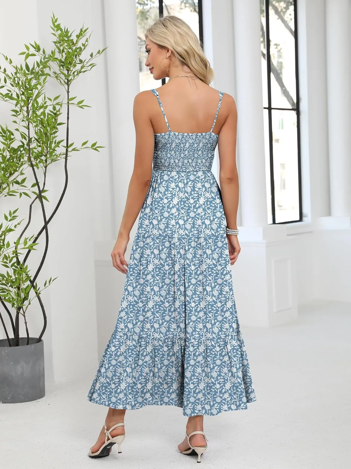 ANRABESS Women Summer Maxi Dress 2025 Square Neck Sleeveless Casual Boho Floral High Waist Slit Travel Vacation Sundress