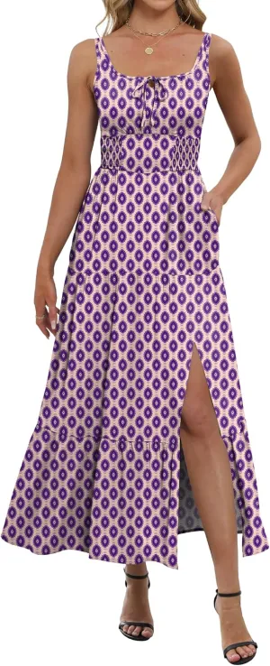 ANRABESS Women Summer Maxi Dress 2025 Square Neck Sleeveless Casual Boho Floral High Waist Slit Travel Vacation Sundress