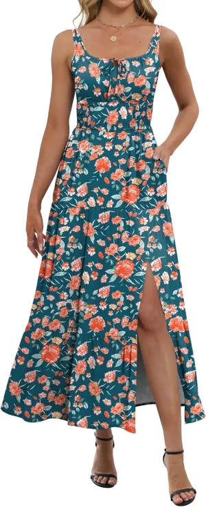 ANRABESS Women Summer Maxi Dress 2025 Square Neck Sleeveless Casual Boho Floral High Waist Slit Travel Vacation Sundress