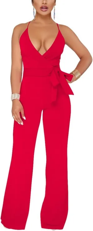 Aro Lora Women's Sexy V Neck Sleeveless Backless Long Wide Leg Pant Jumpsuit Romper