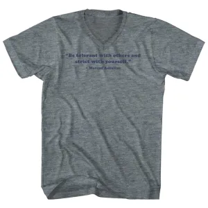 Be Tolerant With Others And Strict With Yourself. - Marcus Aurelius Quote Tees Tri-Blend V-neck Womens Junior Cut T-shirt