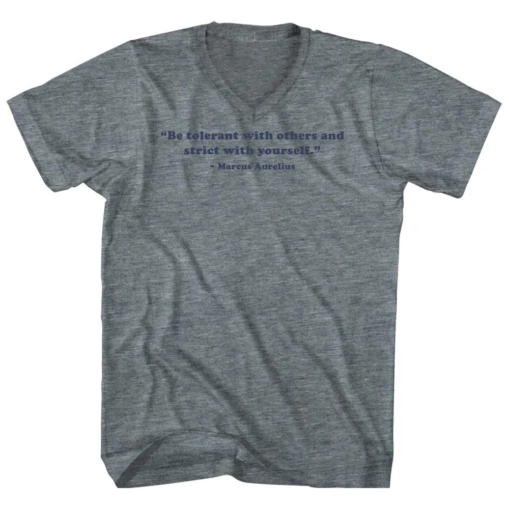 Be Tolerant With Others And Strict With Yourself. - Marcus Aurelius Quote Tees Tri-Blend V-neck Womens Junior Cut T-shirt