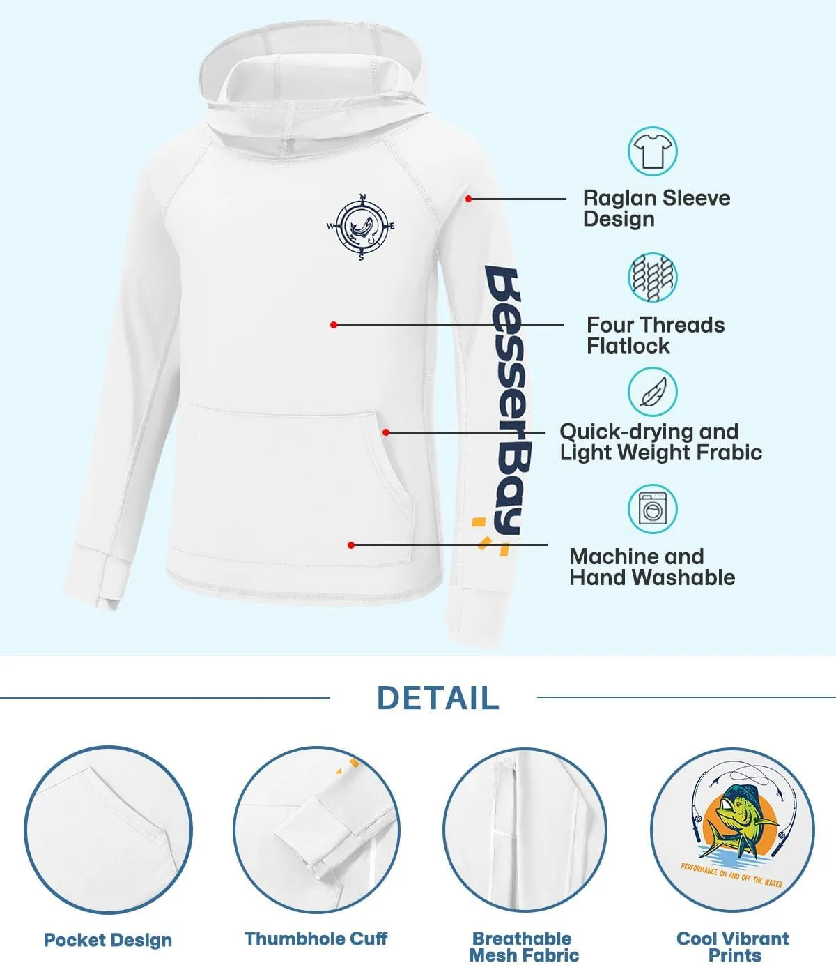BesserBay Youth Boys UV Protection Ralgan Long Sleeve Fishing Shirt Thumb Holes Hooded Rash Guard with Pocket 6-16 Years