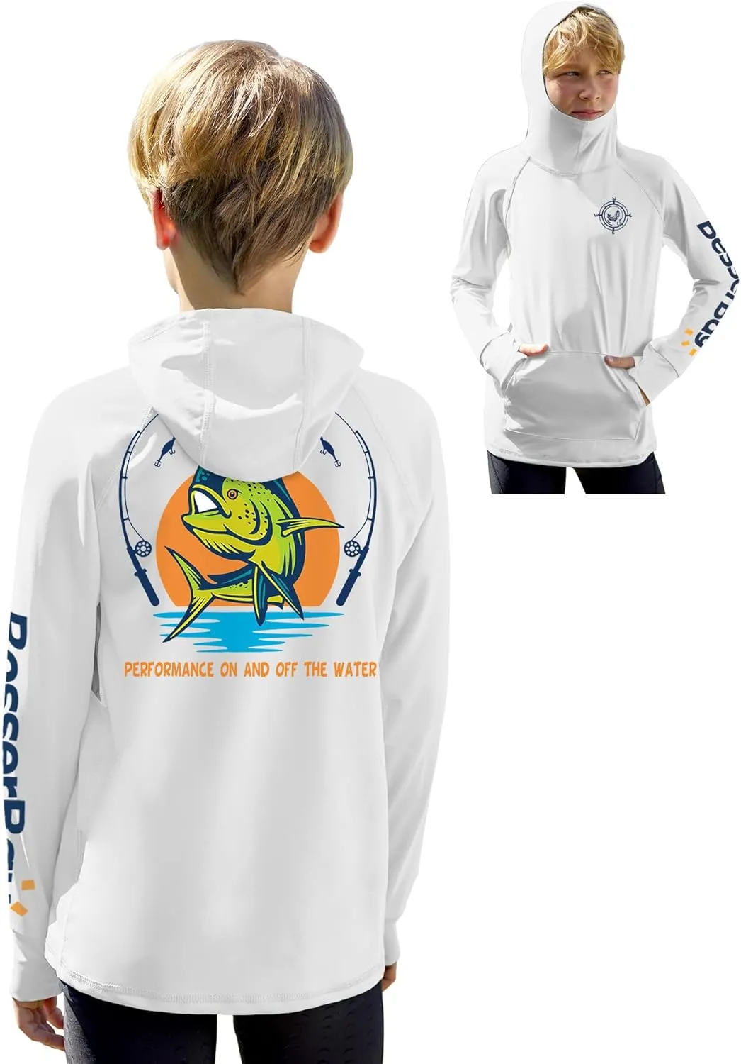 BesserBay Youth Boys UV Protection Ralgan Long Sleeve Fishing Shirt Thumb Holes Hooded Rash Guard with Pocket 6-16 Years