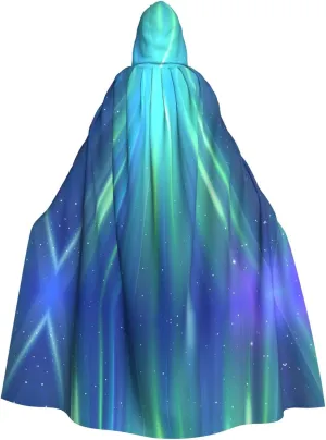 Blue Aurora Borealis Prints Halloween Adult Hooded Cloak for Parties and Costumes with Bow Tie and Super Large Hood