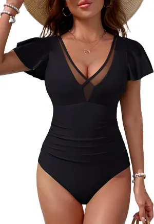 BMJL Women's Tummy Control Swimsuits Slimming Mesh Sheer Bathing Suit Ruffle V Neck One Piece Swimwear