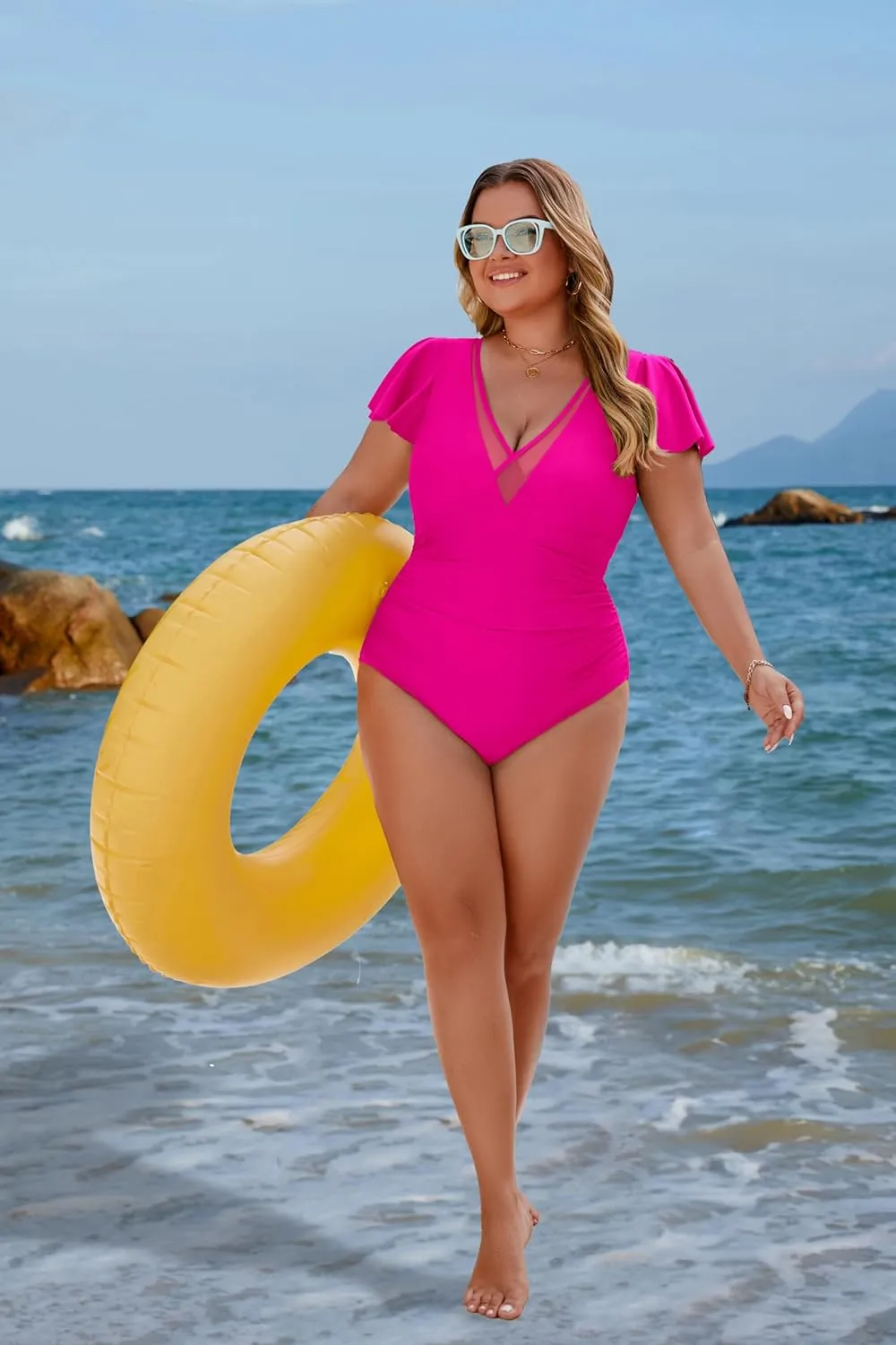 BMJL Women's Tummy Control Swimsuits Slimming Mesh Sheer Bathing Suit Ruffle V Neck One Piece Swimwear