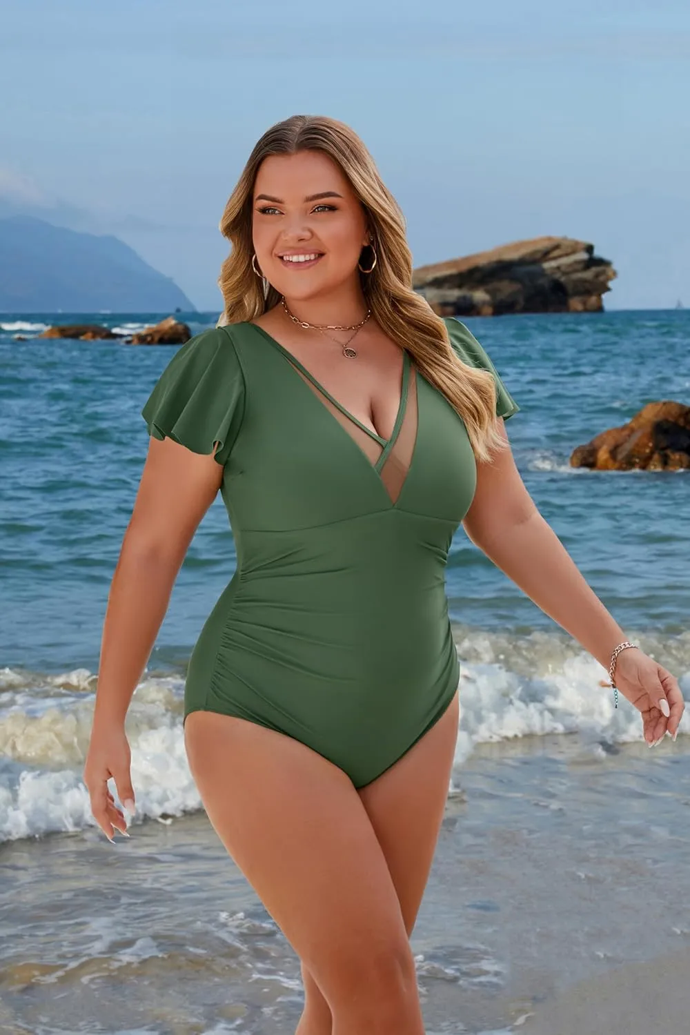 BMJL Women's Tummy Control Swimsuits Slimming Mesh Sheer Bathing Suit Ruffle V Neck One Piece Swimwear
