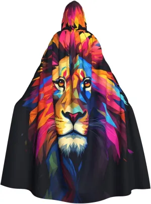 Cartoon Cool Lion Prints Halloween Adult Hooded Cloak for Parties and Costumes with Bow Tie and Super Large Hood