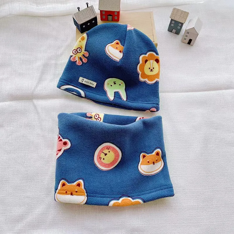 Cartoon Cozy Fleece Hat With Tube Scarf 2-Piece Set