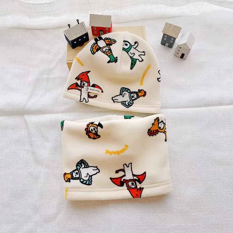 Cartoon Cozy Fleece Hat With Tube Scarf 2-Piece Set