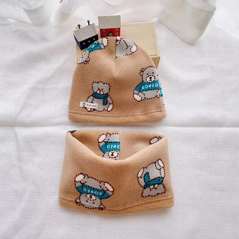 Cartoon Cozy Fleece Hat With Tube Scarf 2-Piece Set