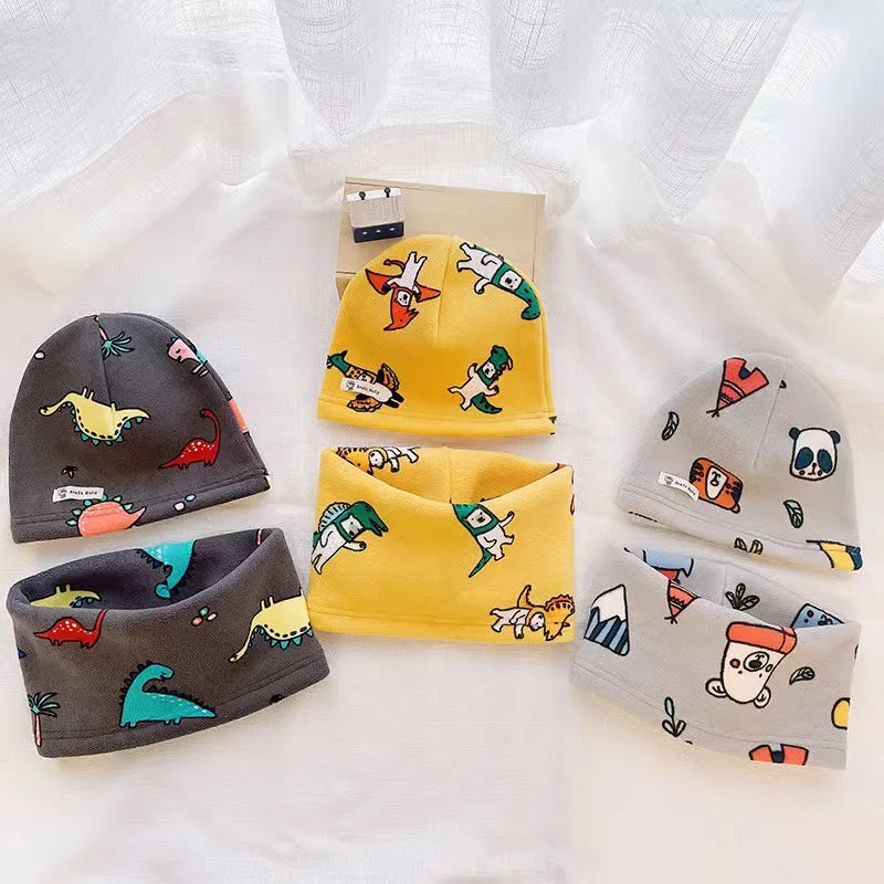 Cartoon Cozy Fleece Hat With Tube Scarf 2-Piece Set