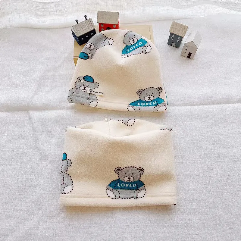 Cartoon Cozy Fleece Hat With Tube Scarf 2-Piece Set