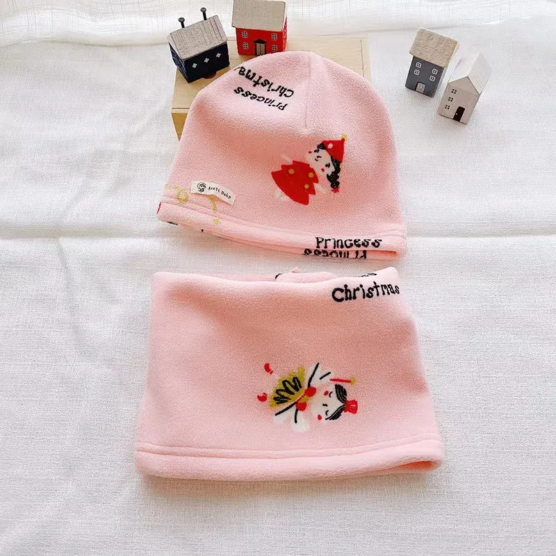 Cartoon Cozy Fleece Hat With Tube Scarf 2-Piece Set