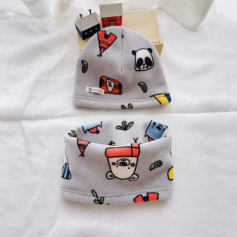 Cartoon Cozy Fleece Hat With Tube Scarf 2-Piece Set