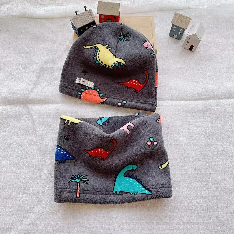 Cartoon Cozy Fleece Hat With Tube Scarf 2-Piece Set