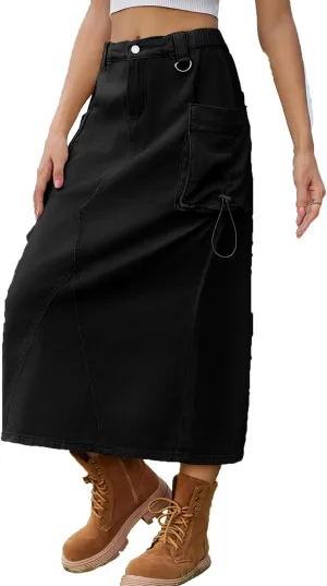 cffvdiz Women's Vintage Denim Cargo Skirt Casual High Waisted Slit Mid-Length Jean Skirt Y2K