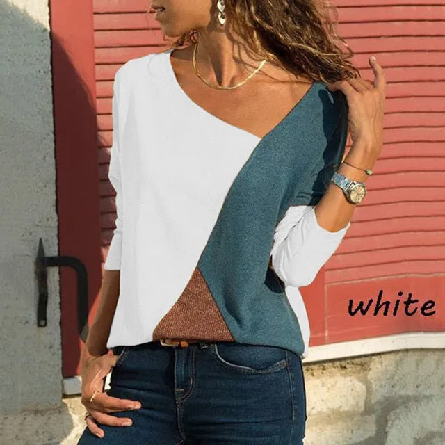 Color Block Top Autumn Women Long Sleeve T-Shirt Fashion Patchwork Color Block Tee
