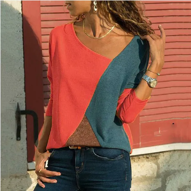 Color Block Top Autumn Women Long Sleeve T-Shirt Fashion Patchwork Color Block Tee